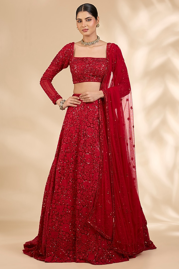 Red Net Thread Embroidered A-Line Wedding Lehenga Set by SHIVA JANGRA at Pernia's Pop Up Shop