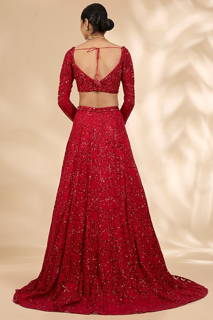 Red Net Thread Embroidered A-Line Wedding Lehenga Set by SHIVA JANGRA at Pernia's Pop Up Shop