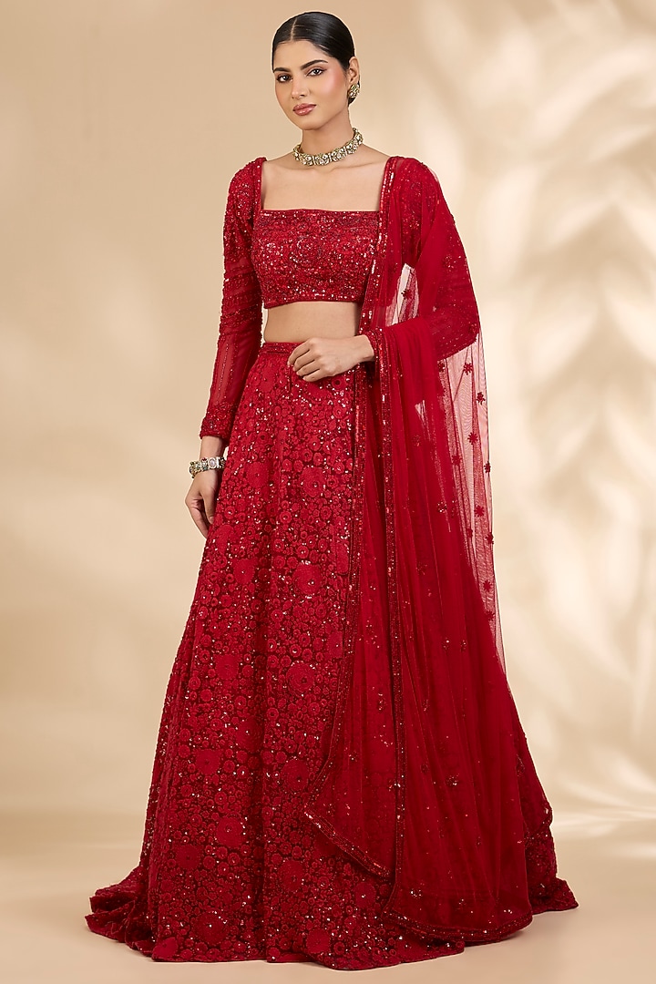Red Net Thread Embroidered A-Line Wedding Lehenga Set by SHIVA JANGRA at Pernia's Pop Up Shop