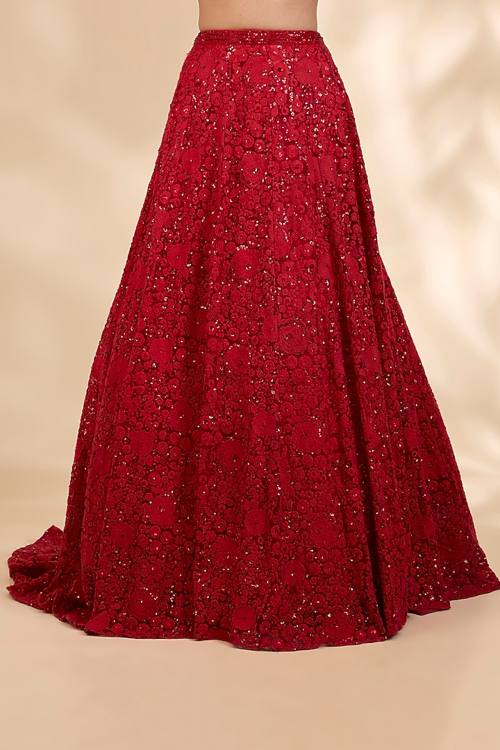 Red Net Thread Embroidered A-Line Wedding Lehenga Set by SHIVA JANGRA at Pernia's Pop Up Shop