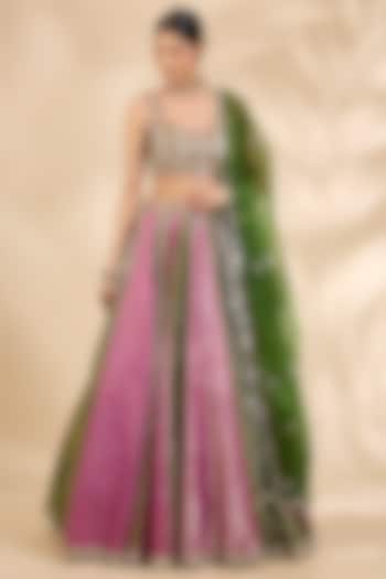 Pink & Green Chanderi Gota & Sequin Embellished A-Line Wedding Lehenga Set by SHIVA JANGRA at Pernia's Pop Up Shop