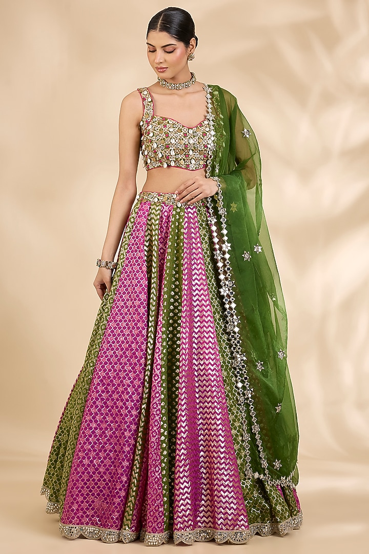 Pink & Green Chanderi Gota & Sequin Embellished A-Line Wedding Lehenga Set by SHIVA JANGRA at Pernia's Pop Up Shop