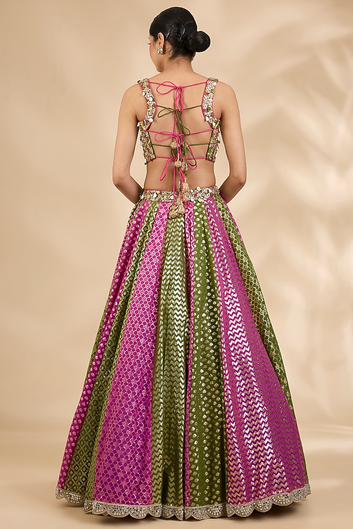 Pink & Green Chanderi Gota & Sequin Embellished A-Line Wedding Lehenga Set by SHIVA JANGRA at Pernia's Pop Up Shop