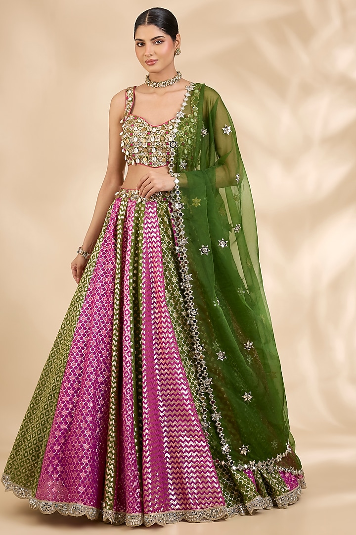 Pink & Green Chanderi Gota & Sequin Embellished A-Line Wedding Lehenga Set by SHIVA JANGRA at Pernia's Pop Up Shop