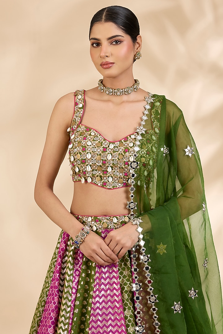 Pink & Green Chanderi Gota & Sequin Embellished A-Line Wedding Lehenga Set by SHIVA JANGRA at Pernia's Pop Up Shop