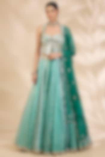 Aqua Green Chanderi Brocade Mirrorwork A-Line Wedding Lehenga Set by SHIVA JANGRA at Pernia's Pop Up Shop
