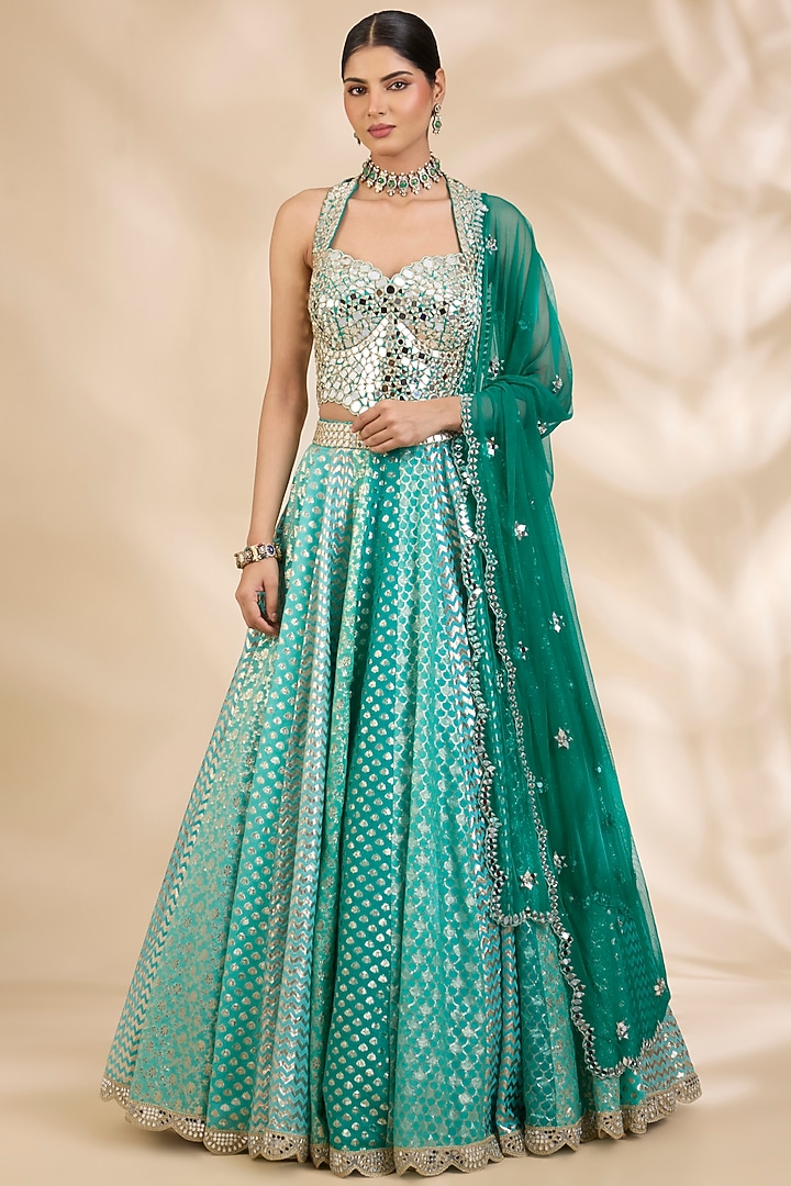 Aqua Green Chanderi Brocade Mirrorwork A-Line Wedding Lehenga Set by SHIVA JANGRA at Pernia's Pop Up Shop