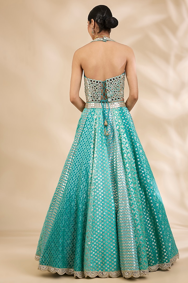 Aqua Green Chanderi Brocade Mirrorwork A-Line Wedding Lehenga Set by SHIVA JANGRA at Pernia's Pop Up Shop