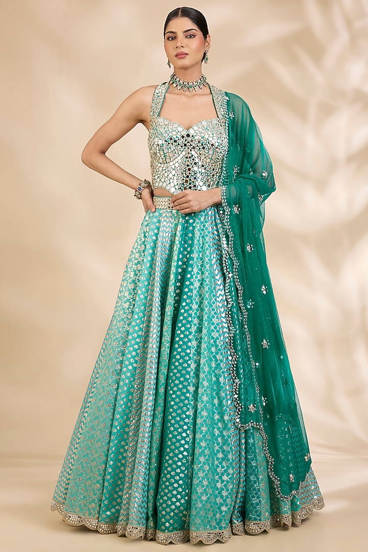 Aqua Green Chanderi Brocade Mirrorwork A-Line Wedding Lehenga Set by SHIVA JANGRA at Pernia's Pop Up Shop