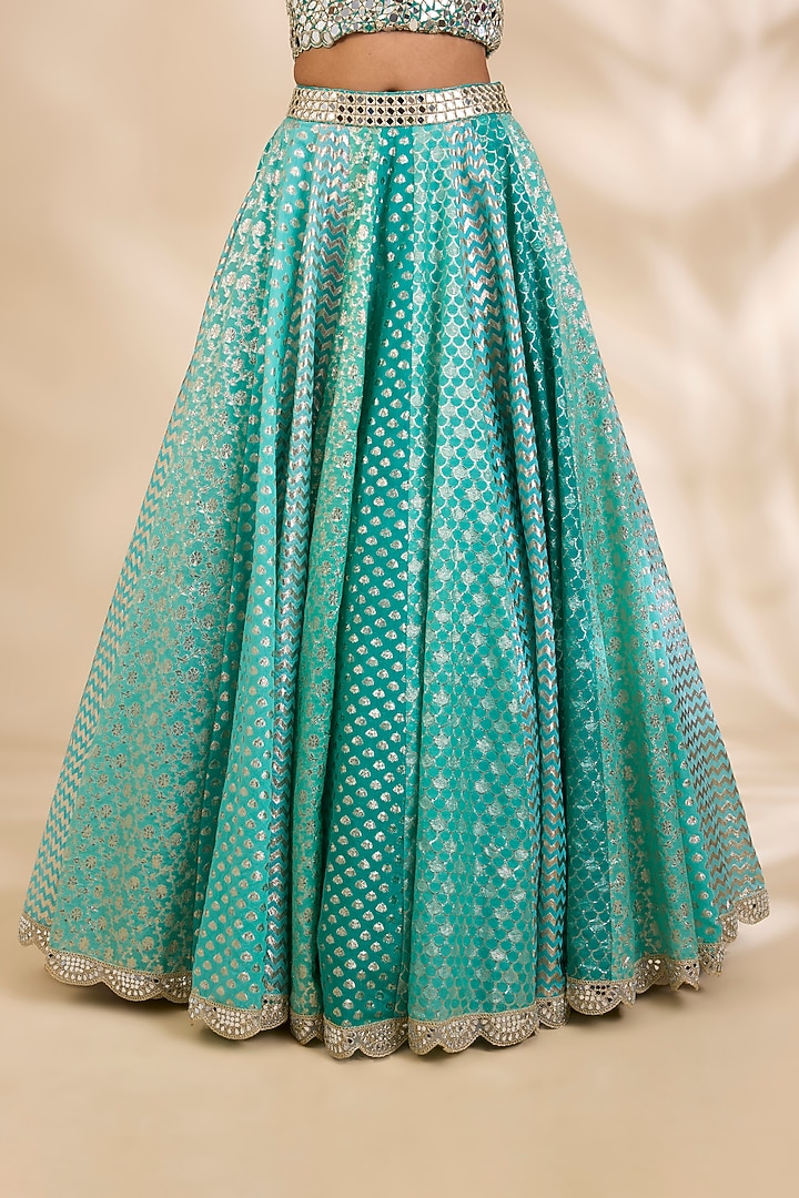 Aqua Green Chanderi Brocade Mirrorwork A-Line Wedding Lehenga Set by SHIVA JANGRA at Pernia's Pop Up Shop
