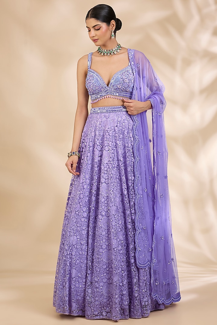 Lavender Net Thread Embroidered A-Line Wedding Lehenga Set by SHIVA JANGRA at Pernia's Pop Up Shop