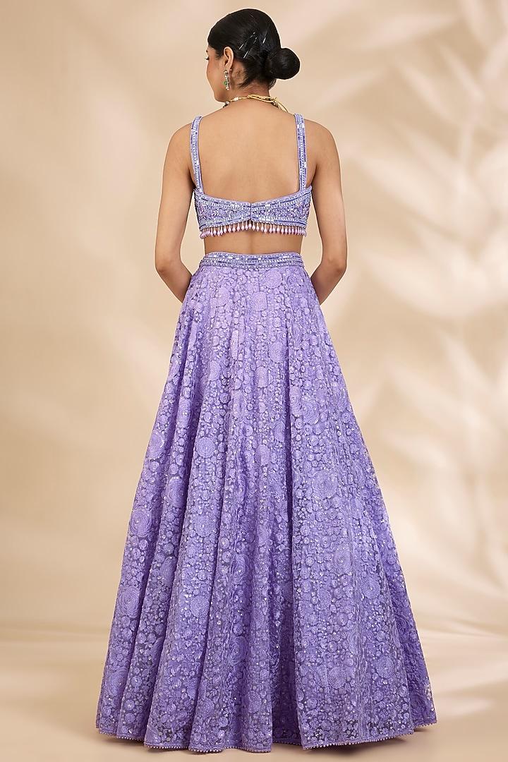 Lavender Net Thread Embroidered A-Line Wedding Lehenga Set by SHIVA JANGRA at Pernia's Pop Up Shop