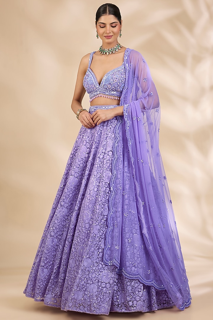 Lavender Net Thread Embroidered A-Line Wedding Lehenga Set by SHIVA JANGRA at Pernia's Pop Up Shop