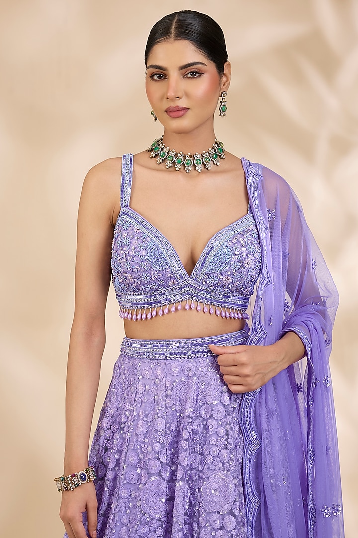 Lavender Net Thread Embroidered A-Line Wedding Lehenga Set by SHIVA JANGRA at Pernia's Pop Up Shop