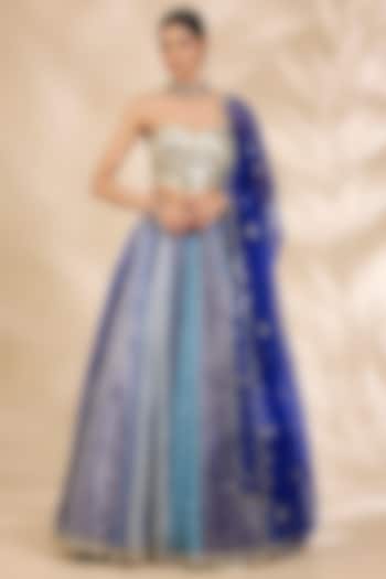Blue & Gold Chanderi Brocade Mirrorwork A-Line Wedding Lehenga Set by SHIVA JANGRA at Pernia's Pop Up Shop