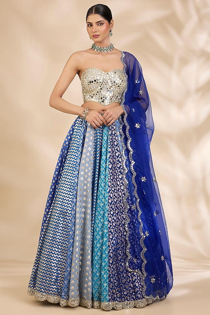 Blue & Gold Chanderi Brocade Mirrorwork A-Line Wedding Lehenga Set by SHIVA JANGRA at Pernia's Pop Up Shop