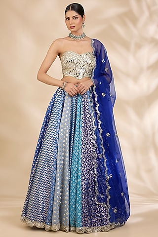 Blue & Gold Chanderi Brocade Mirrorwork A-Line Lehenga Set by SHIVA JANGRA