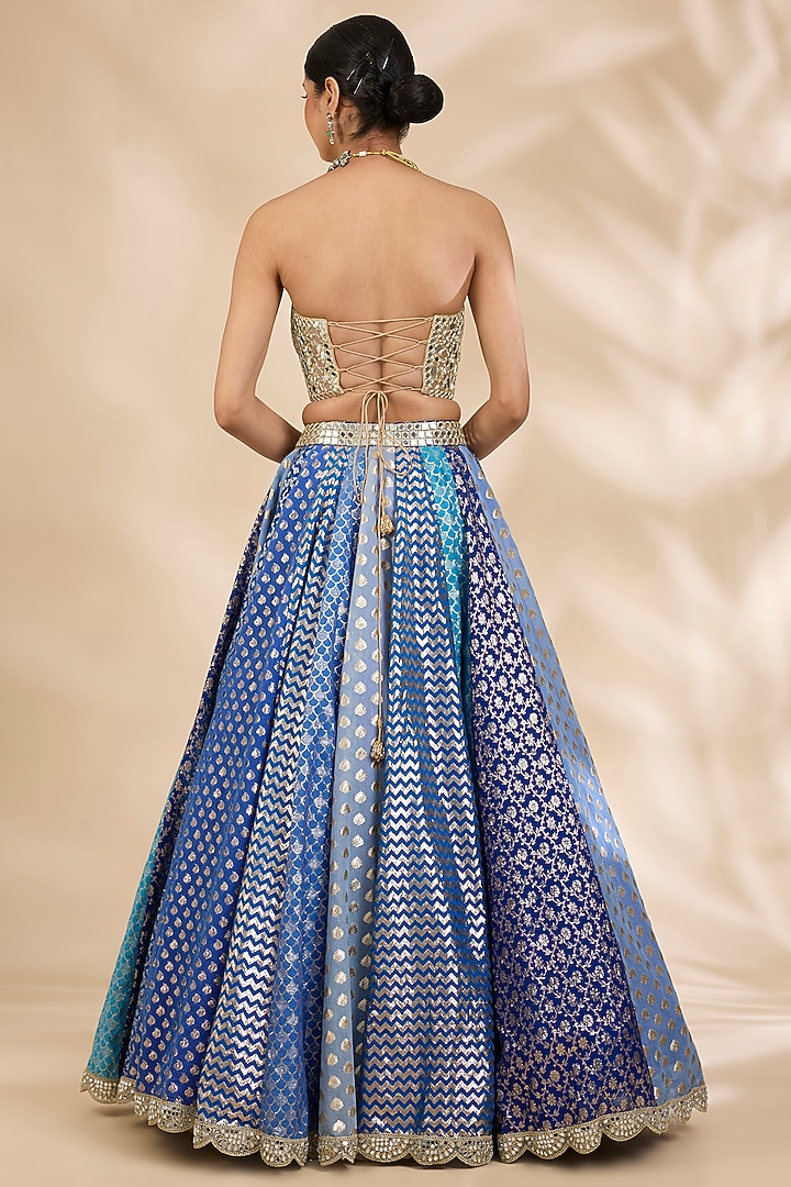 Blue & Gold Chanderi Brocade Mirrorwork A-Line Wedding Lehenga Set by SHIVA JANGRA at Pernia's Pop Up Shop