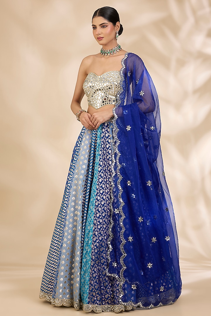 Blue & Gold Chanderi Brocade Mirrorwork A-Line Wedding Lehenga Set by SHIVA JANGRA at Pernia's Pop Up Shop