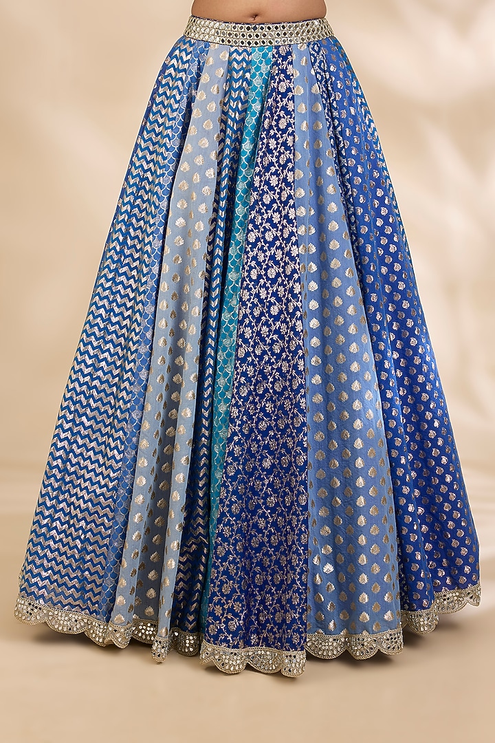 Blue & Gold Chanderi Brocade Mirrorwork A-Line Wedding Lehenga Set by SHIVA JANGRA at Pernia's Pop Up Shop