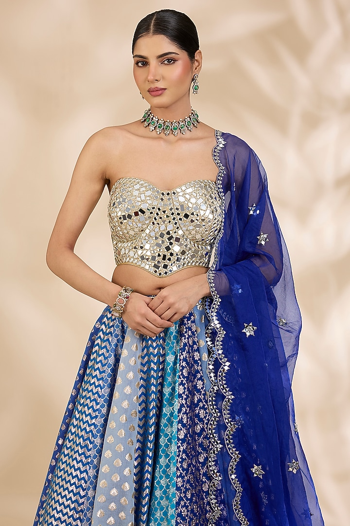 Blue & Gold Chanderi Brocade Mirrorwork A-Line Wedding Lehenga Set by SHIVA JANGRA at Pernia's Pop Up Shop