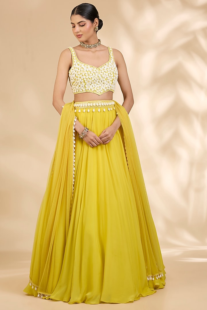 Yellow Georgette Floral Shellwork Wedding Lehenga Set by SHIVA JANGRA at Pernia's Pop Up Shop
