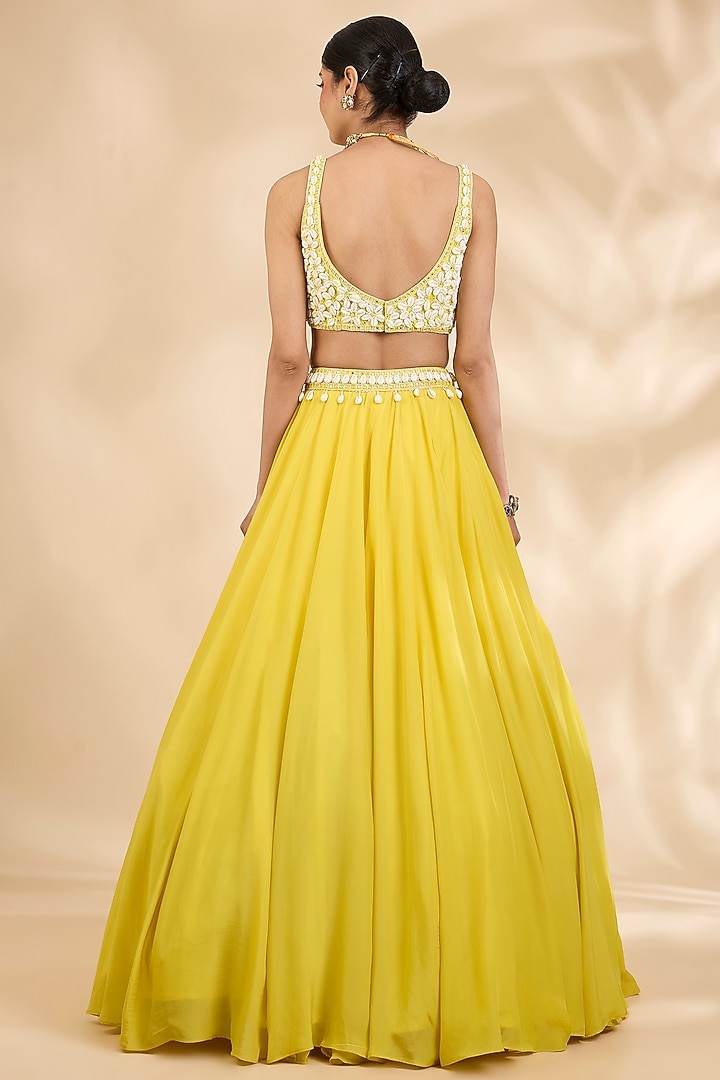 Yellow Georgette Floral Shellwork Wedding Lehenga Set by SHIVA JANGRA at Pernia's Pop Up Shop