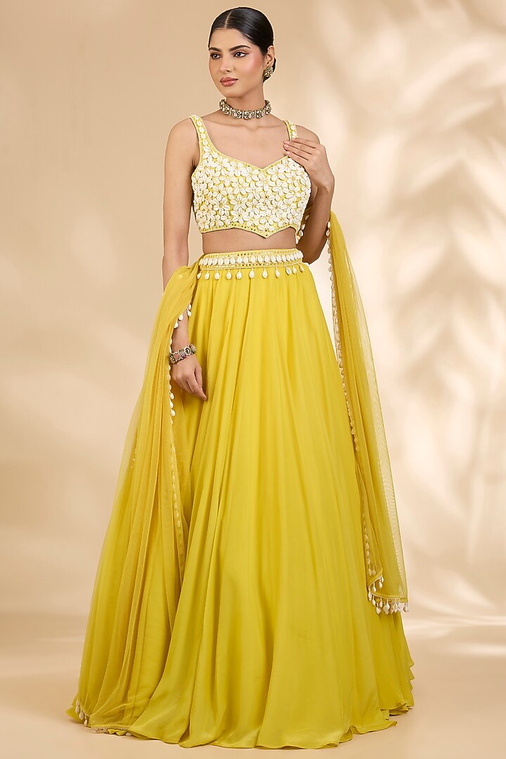 Yellow Georgette Floral Shellwork Wedding Lehenga Set by SHIVA JANGRA at Pernia's Pop Up Shop