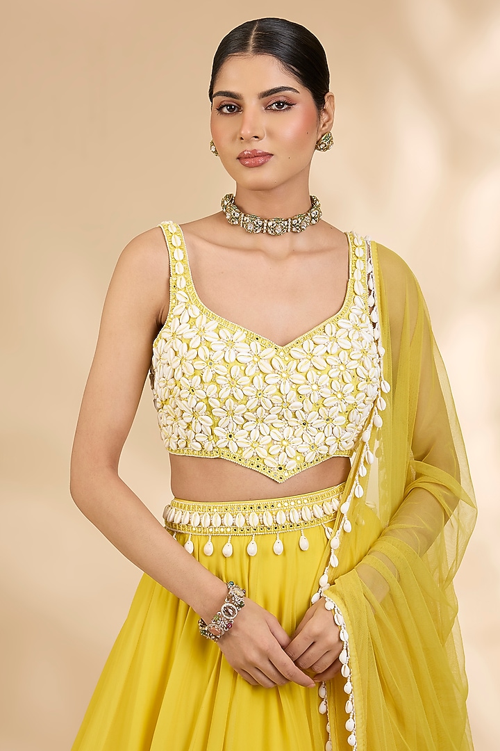 Yellow Georgette Floral Shellwork Wedding Lehenga Set by SHIVA JANGRA at Pernia's Pop Up Shop