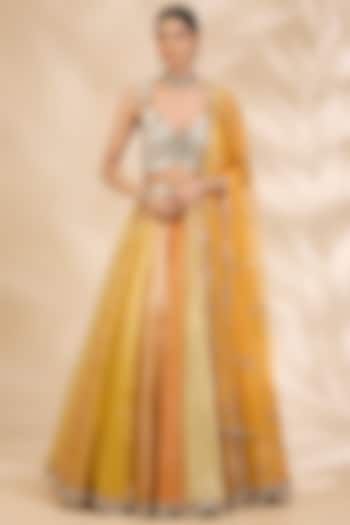 Yellow Chanderi Brocade Embroidered A-Line Wedding Lehenga Set by SHIVA JANGRA at Pernia's Pop Up Shop
