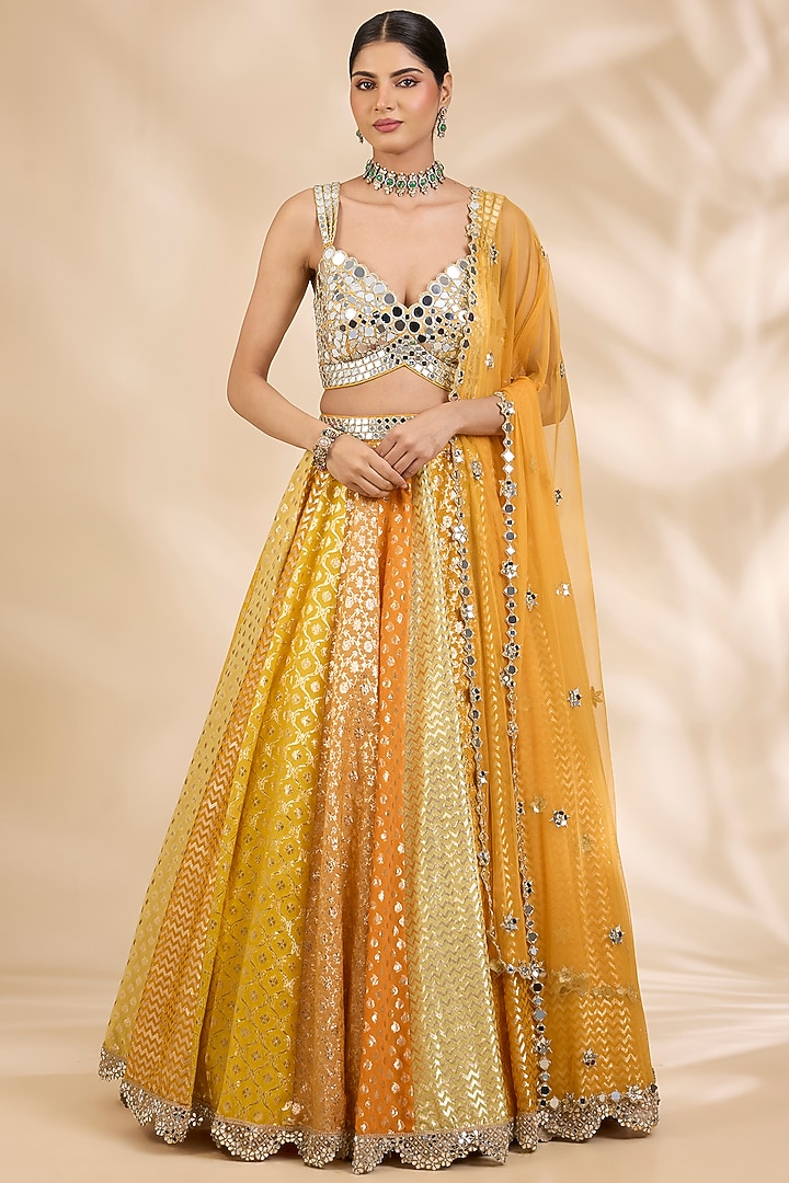 Yellow Chanderi Brocade Embroidered A-Line Wedding Lehenga Set by SHIVA JANGRA at Pernia's Pop Up Shop