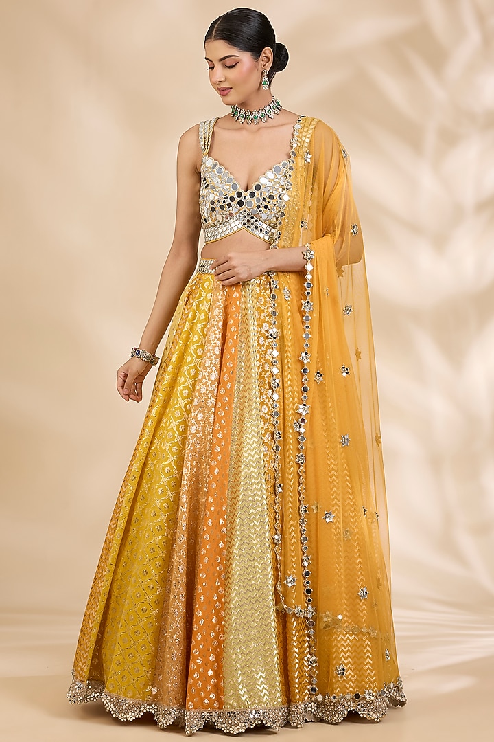 Yellow Chanderi Brocade Embroidered A-Line Wedding Lehenga Set by SHIVA JANGRA at Pernia's Pop Up Shop