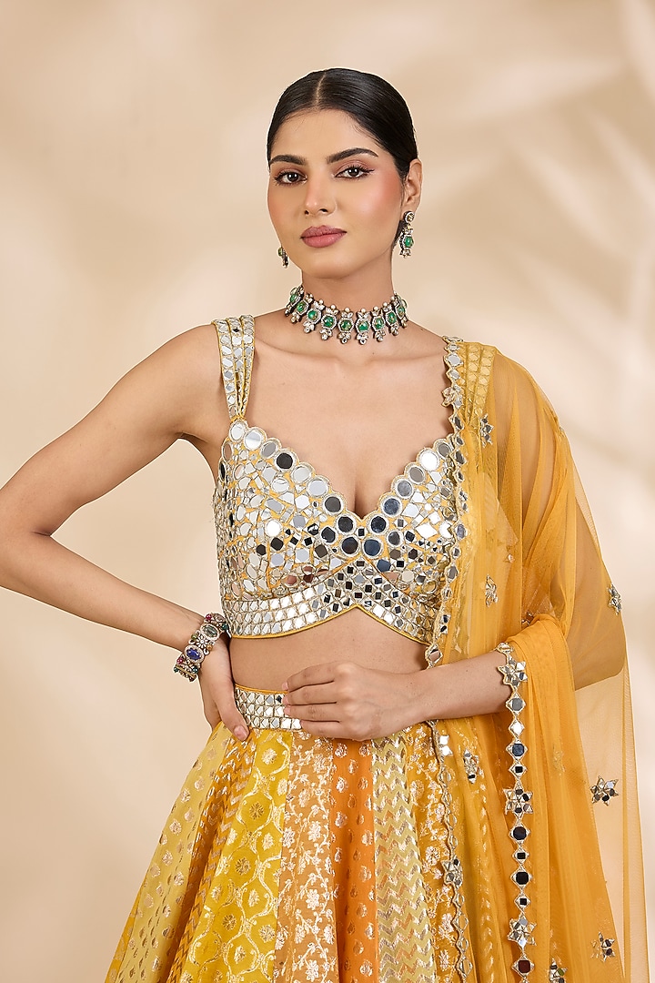 Yellow Chanderi Brocade Embroidered A-Line Wedding Lehenga Set by SHIVA JANGRA at Pernia's Pop Up Shop
