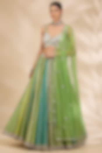 Green Chanderi Brocade Mirrorwork A-Line Wedding Lehenga Set by SHIVA JANGRA at Pernia's Pop Up Shop