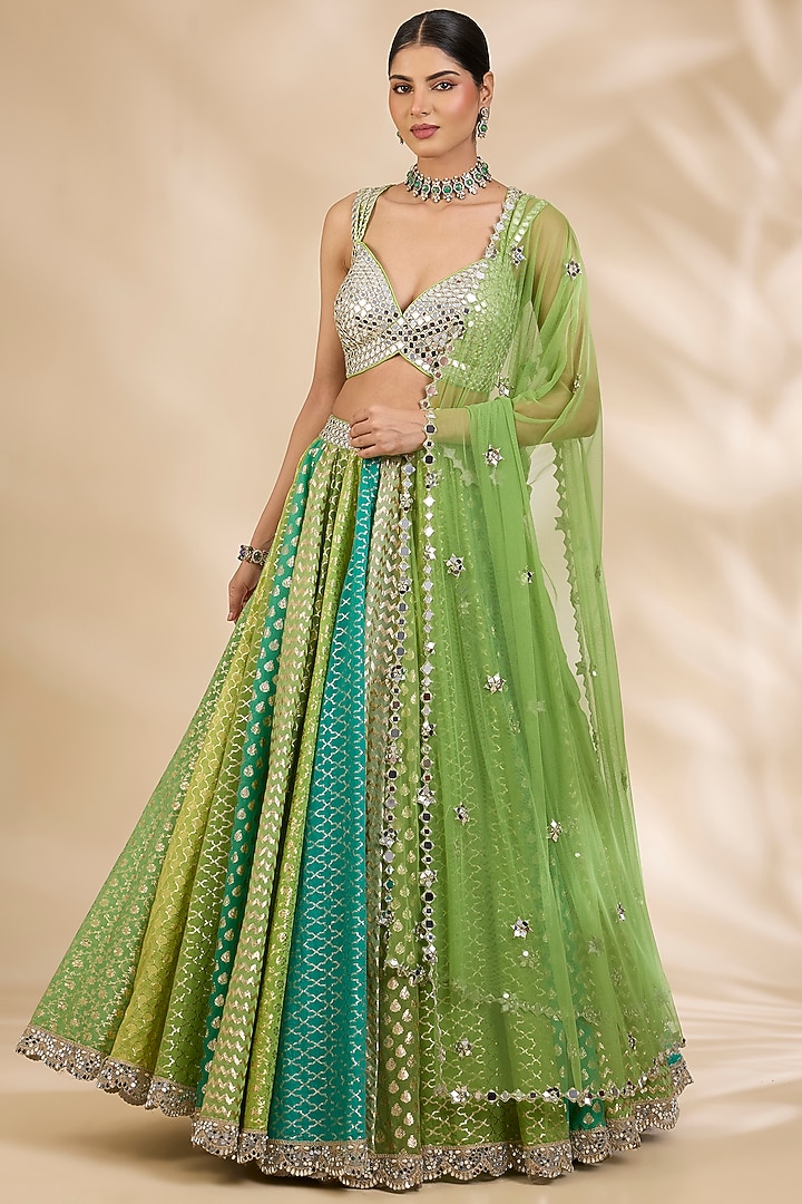 Green Chanderi Brocade Mirrorwork A-Line Wedding Lehenga Set by SHIVA JANGRA at Pernia's Pop Up Shop