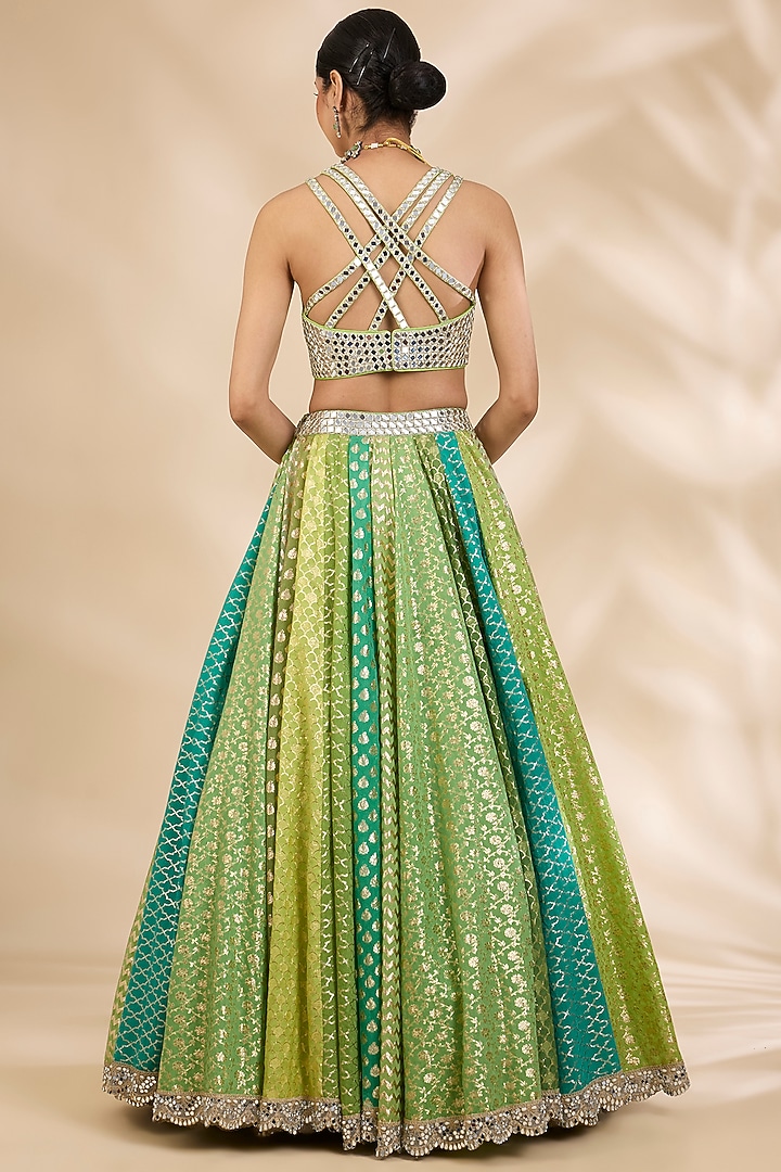 Green Chanderi Brocade Mirrorwork A-Line Wedding Lehenga Set by SHIVA JANGRA at Pernia's Pop Up Shop