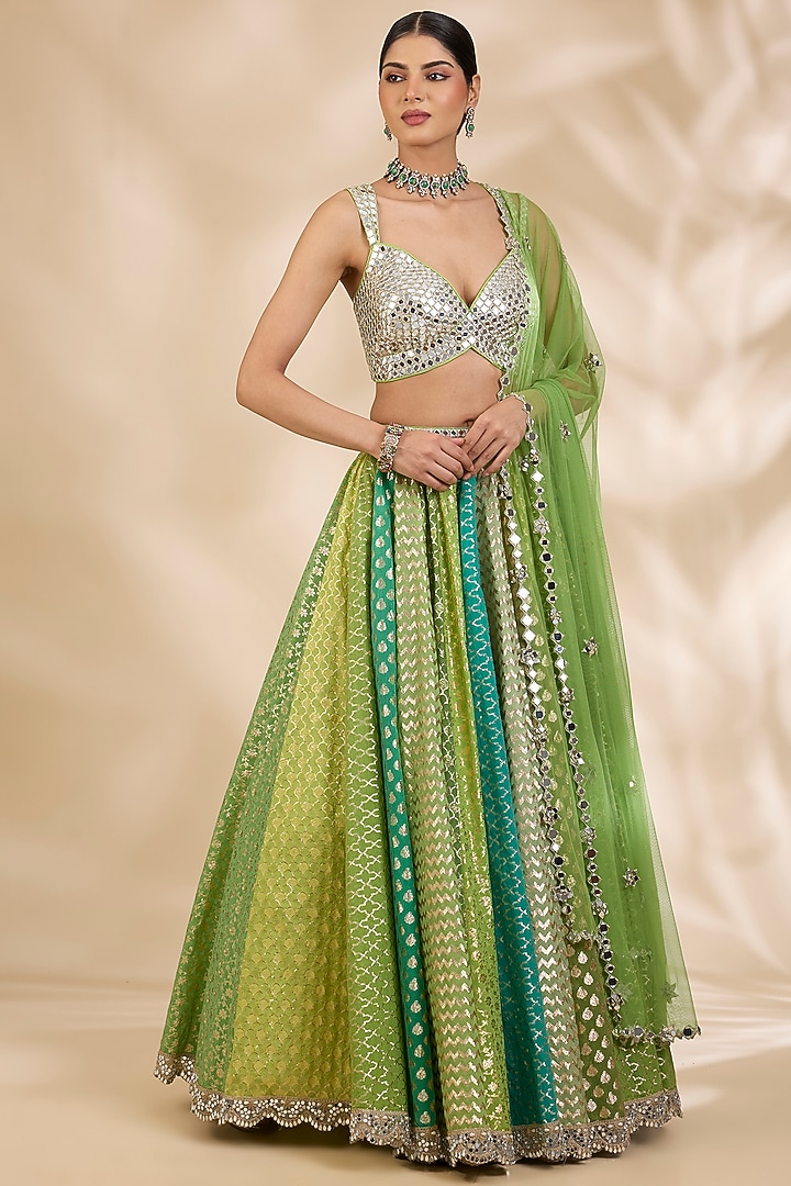 Green Chanderi Brocade Mirrorwork A-Line Wedding Lehenga Set by SHIVA JANGRA at Pernia's Pop Up Shop