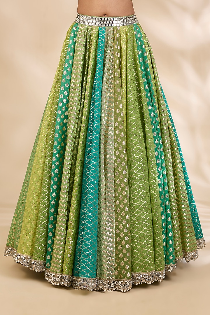 Green Chanderi Brocade Mirrorwork A-Line Wedding Lehenga Set by SHIVA JANGRA at Pernia's Pop Up Shop