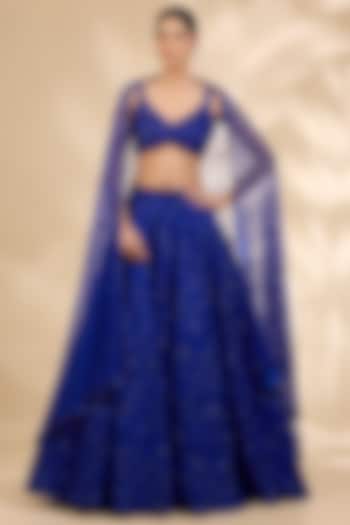 Blue Net Thread Embroidered A-Line Wedding Lehenga Set by SHIVA JANGRA at Pernia's Pop Up Shop