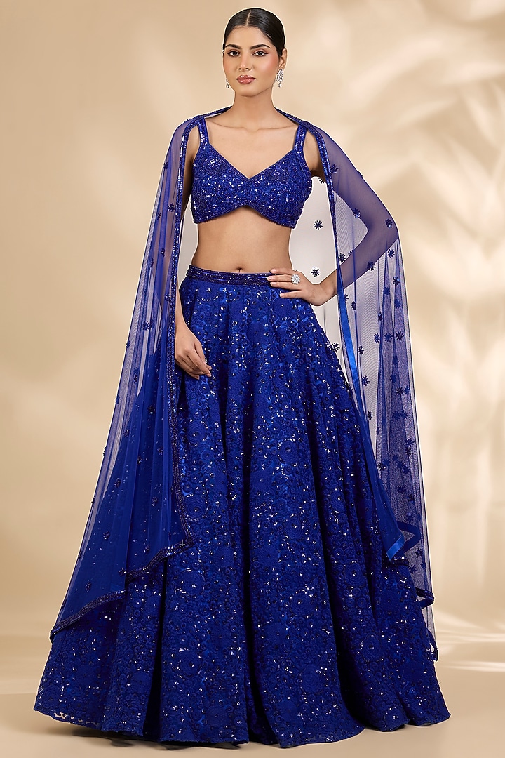 Blue Net Thread Embroidered A-Line Wedding Lehenga Set by SHIVA JANGRA at Pernia's Pop Up Shop