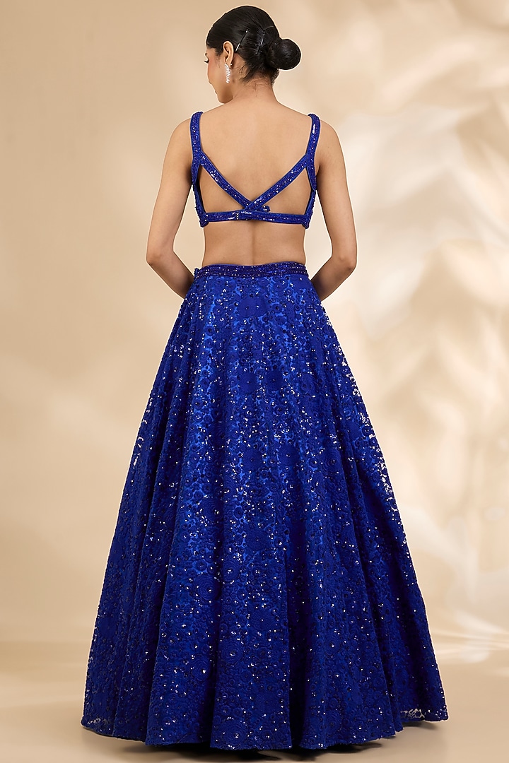Blue Net Thread Embroidered A-Line Wedding Lehenga Set by SHIVA JANGRA at Pernia's Pop Up Shop