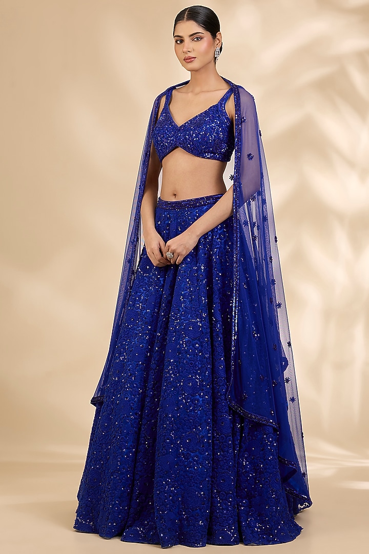 Blue Net Thread Embroidered A-Line Wedding Lehenga Set by SHIVA JANGRA at Pernia's Pop Up Shop