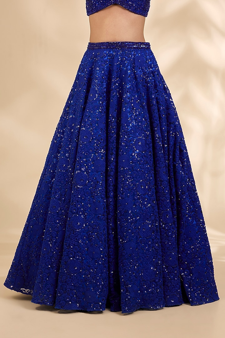 Blue Net Thread Embroidered A-Line Wedding Lehenga Set by SHIVA JANGRA at Pernia's Pop Up Shop