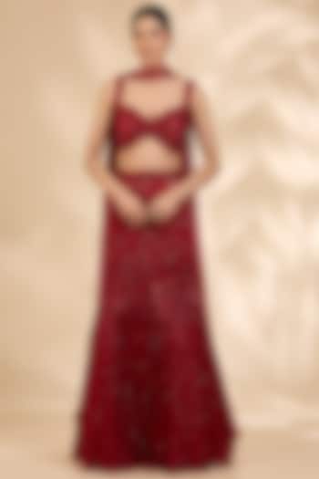 Deep Red Organza Cutdana & Crystal Embroidered Fish-Cut Bridal Lehenga Set by SHIVA JANGRA at Pernia's Pop Up Shop