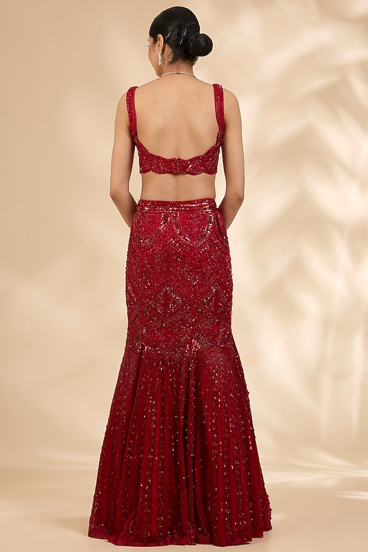 Deep Red Organza Cutdana & Crystal Embroidered Fish-Cut Bridal Lehenga Set by SHIVA JANGRA at Pernia's Pop Up Shop
