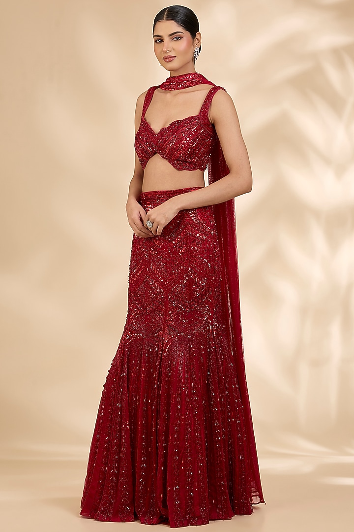 Deep Red Organza Cutdana & Crystal Embroidered Fish-Cut Bridal Lehenga Set by SHIVA JANGRA at Pernia's Pop Up Shop
