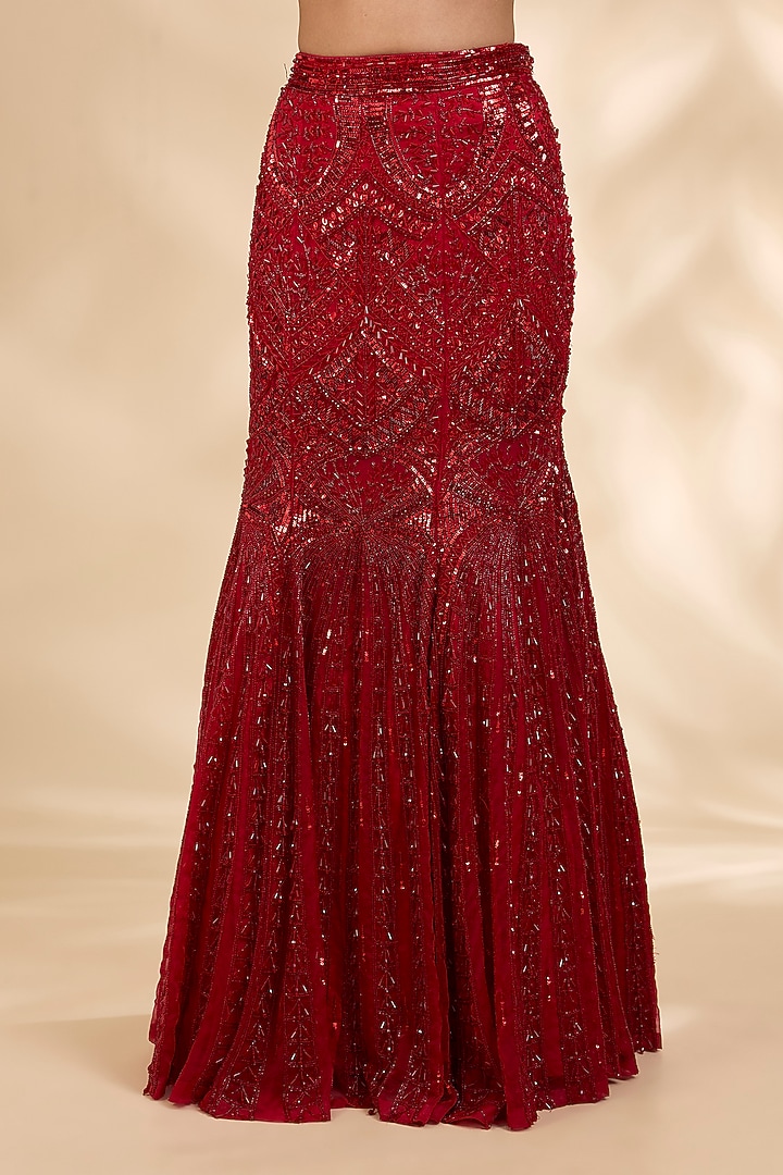 Deep Red Organza Cutdana & Crystal Embroidered Fish-Cut Bridal Lehenga Set by SHIVA JANGRA at Pernia's Pop Up Shop