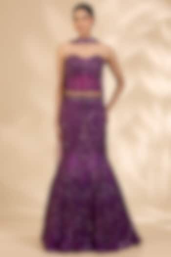 Dark Purple Organza Sequin & Cutdana Embroidered Fish-Cut Bridal Lehenga Set by SHIVA JANGRA at Pernia's Pop Up Shop