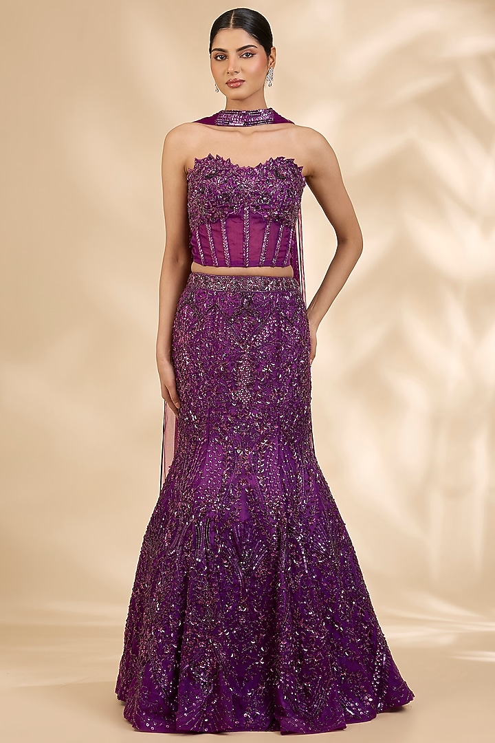 Dark Purple Organza Sequin & Cutdana Embroidered Fish-Cut Bridal Lehenga Set by SHIVA JANGRA at Pernia's Pop Up Shop