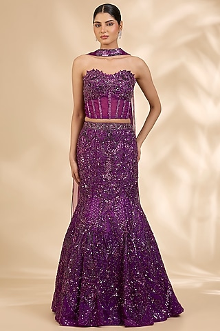Dark Purple Organza Sequin & Cutdana Embroidered Fish-Cut Lehenga Set by SHIVA JANGRA